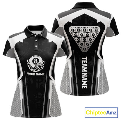 White And Black Billiard Pool Women Polo & 1/4-Zip Team Shirts Custom 8 Ball Billiards Cue Attire NYN2458