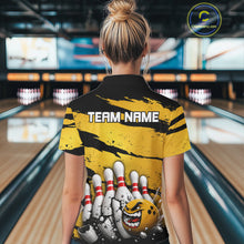 Load image into Gallery viewer, Female model wearing yellow grunge cracked bowling ball and pins shirt custom bowling league jersey