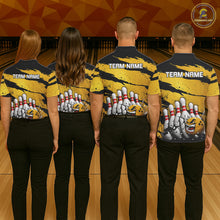Load image into Gallery viewer, Bowling team wearing yellow grunge cracked bowling ball and pins shirts custom bowling league jerseys