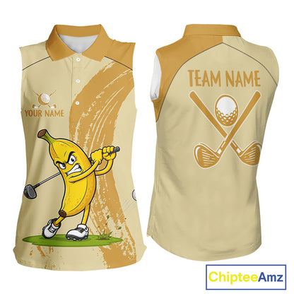 Women's Banana golf artwork on sleeveless polo mockup, funny personalized golf apparel for golf tournaments, golf outings and golf vacations. Perfect for banana lovers, food lovers, comedy fans, tropical travelers.