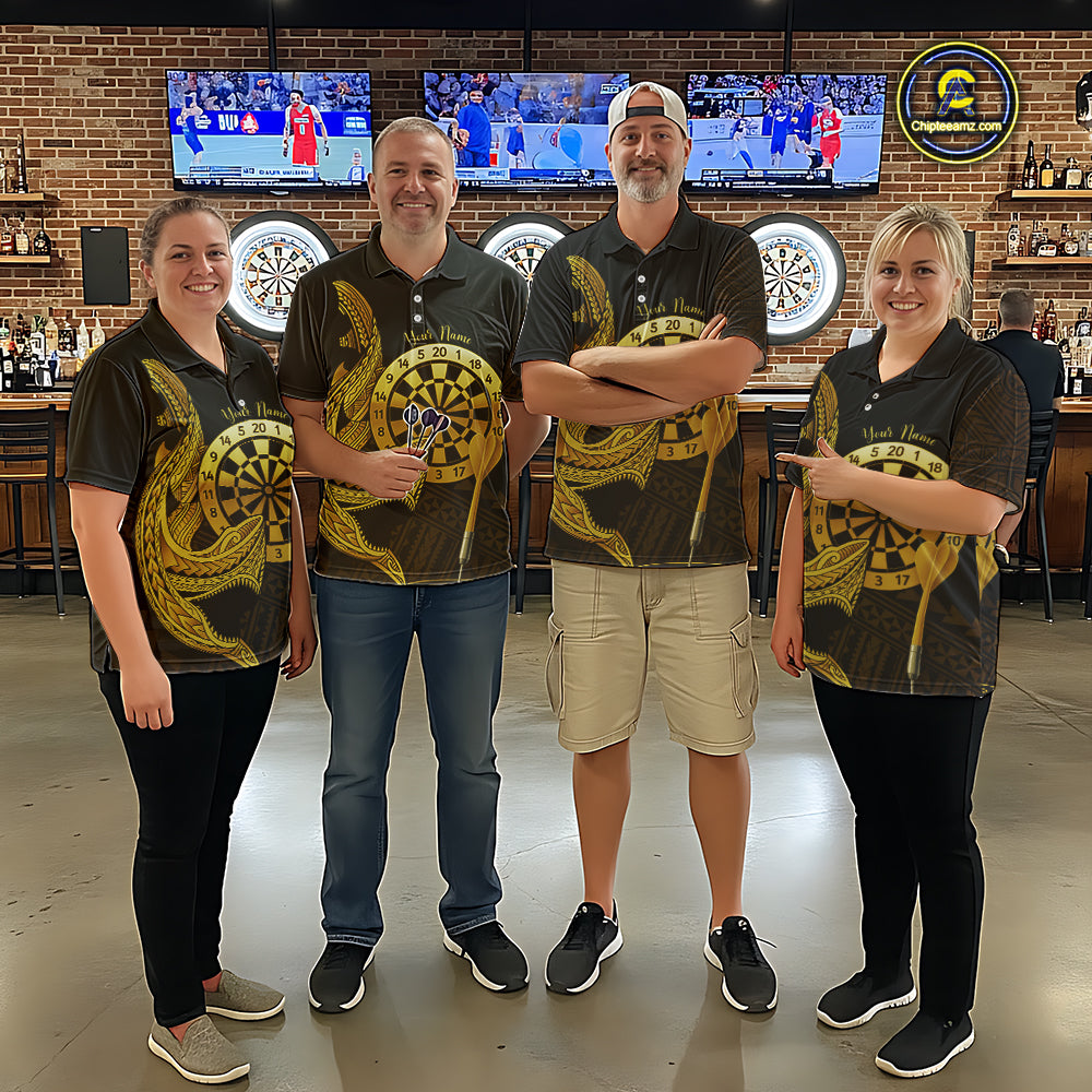 Personalized Gold Tribal Shark Custom Darts Polo Shirts For Men Tribal Dart League Jerseys NYN2183
