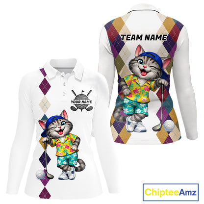 Womens Colorful Argyle Golf Shirts Custom Cat Golfer Clothing Golf Polo Jersey, Best Golf Gifts NYN3052