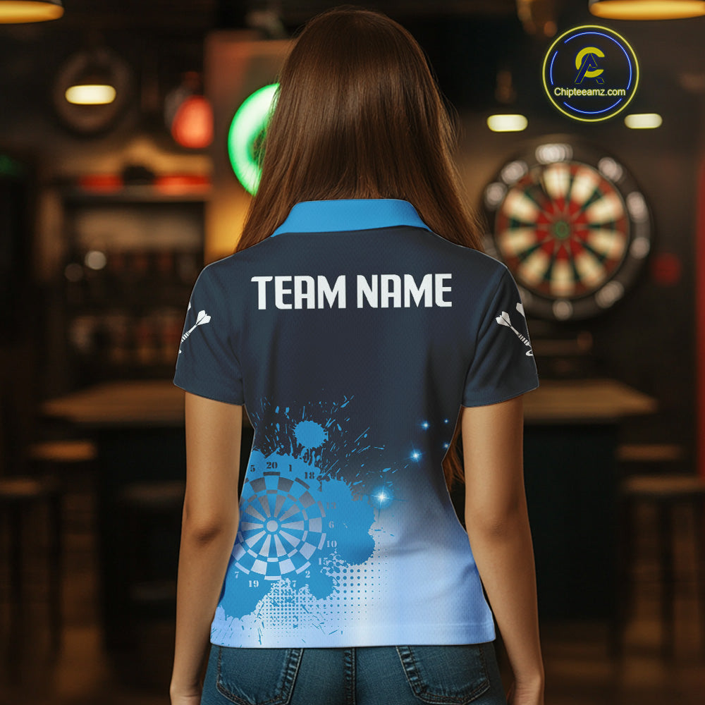 Women's Personalized Darts Shirt With Blue Gradient Splash Dartboard, Darts Jersey NYN0267