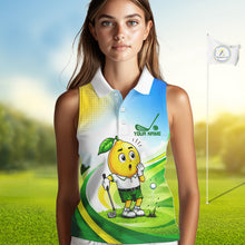 Load image into Gallery viewer, Woman wearing funny lemon golf sleeveless polo shirt during golf tournament
