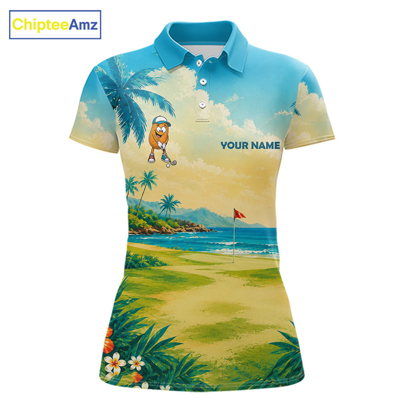 Women's funny potato golf polo shirt mockup tropical golf apparel