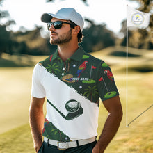 Load image into Gallery viewer, Man wearing parrot palm tree golf polo shirt on sunny golf course