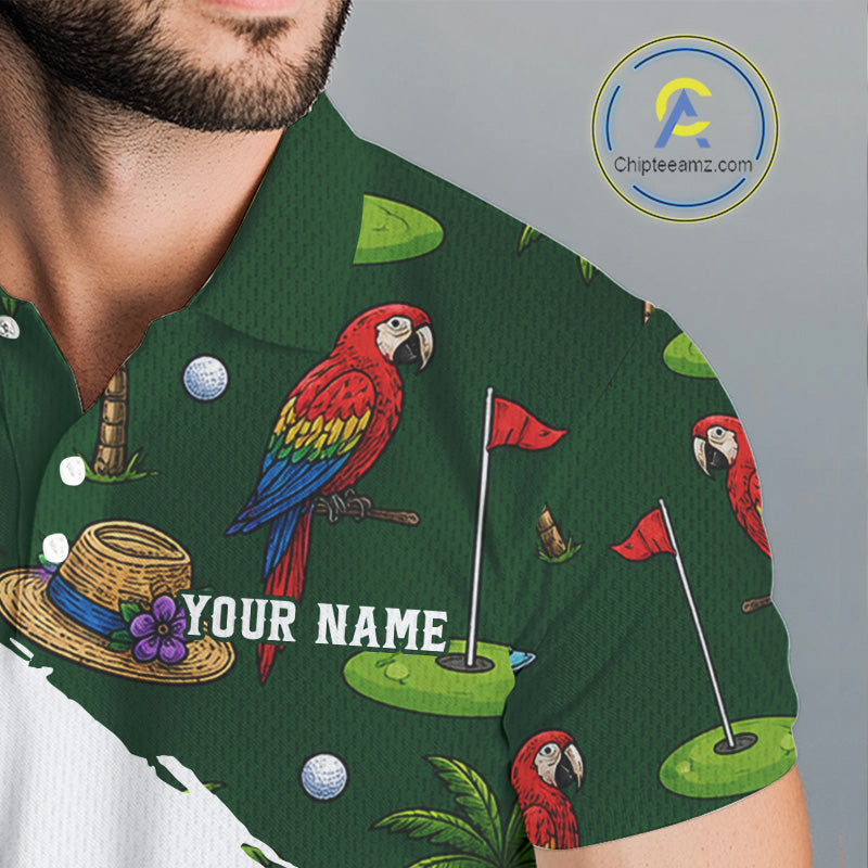 Man wearing parrot palm tree golf polo shirt on sunny golf course