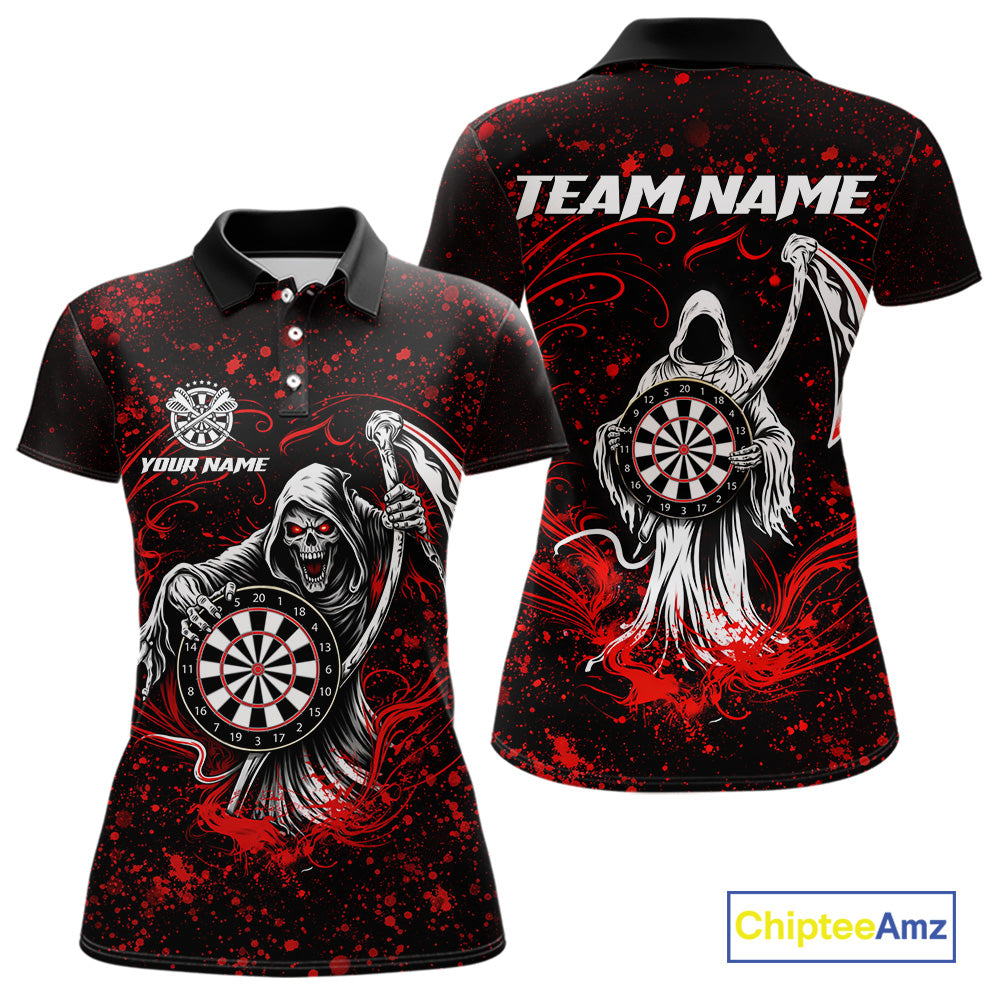 Black & Red Splatter Grim Reaper Hold Dartboard Dart Polo Shirts For Women Custom Dart Team Shirts NYN2681