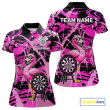 Load image into Gallery viewer, Women's funny flamingo dart polo shirt mockup pink splatter dart jersey