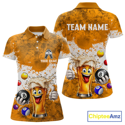 Funny Beer 8 Ball Women Billiard Shirt Custom White Yellow Splatter Paint Billiard Pool Team Clothing NYN3223