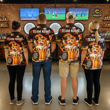 Load image into Gallery viewer, Men women dart team wearing Cool Cat Beer personalized dart jerseys during league competition