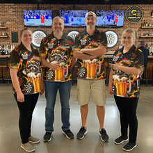 Load image into Gallery viewer, Men women dart team wearing Raccoon Beer custom dart team uniforms and tournament apparel