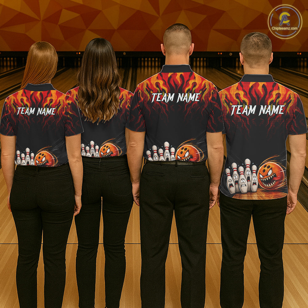 Funny Angry Ball & Pins Women Bowling Shirt Custom Fire Flame Team Bowling Jersey For Bowlers NYN3232