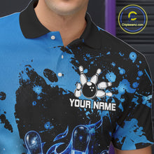 Load image into Gallery viewer, Male bowler wearing Black and Blue Galaxy bowling shirt during professional bowling competition