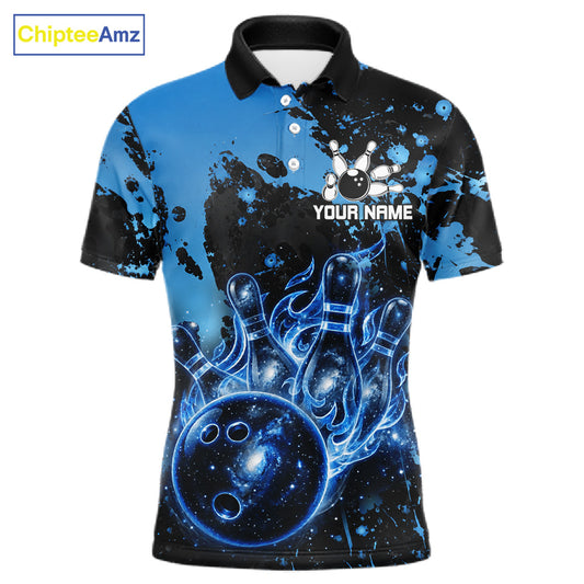 Black and Blue Splatter Galaxy men's bowling polo shirt personalized bowling team jersey, professional bowling uniform