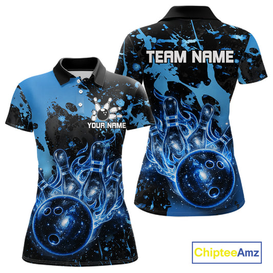 Black and Blue Splatter Galaxy women's bowling polo shirt personalized bowling team jersey, professional bowling uniform