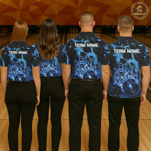 Load image into Gallery viewer, Men women bowling team wearing Black and Blue Galaxy personalized bowling uniforms and tournament jerseys
