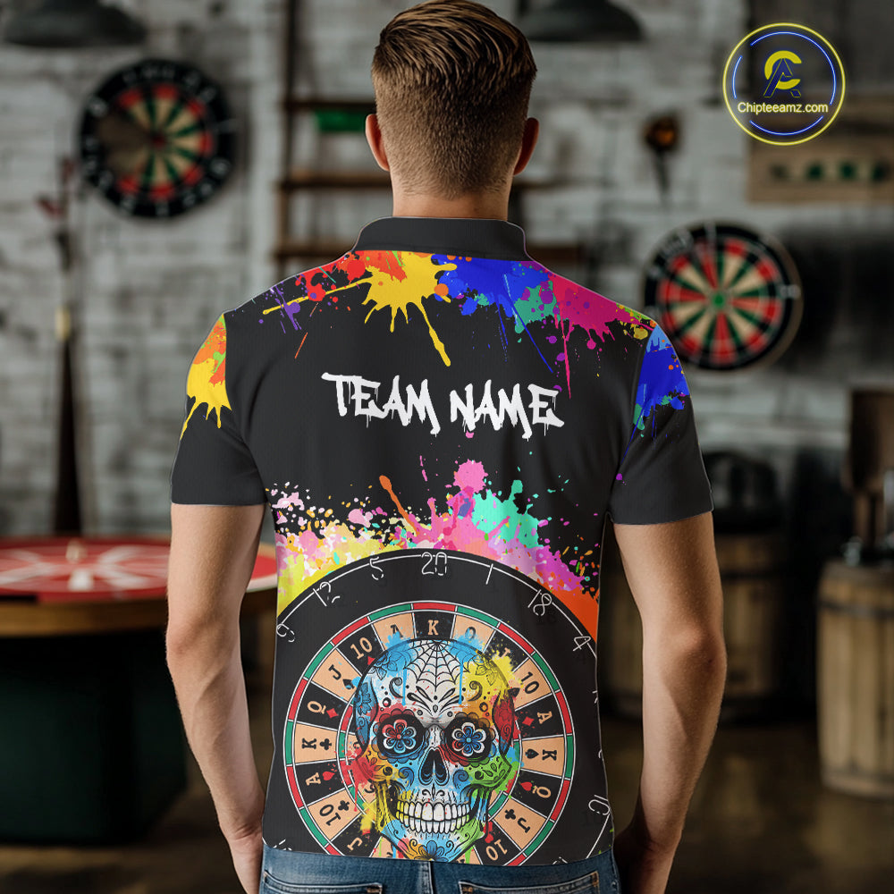 Custom Colorful Splatter Skull Dartboard Men Darts Polo Team Shirts Dart Jerseys | Black NYN2212