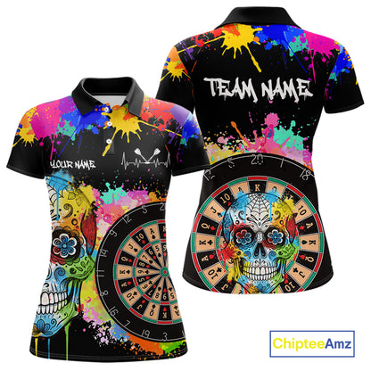 Custom Colorful Splatter Skull Dartboard Women Darts Polo Team Shirts Dart Jerseys | Black NYN2212