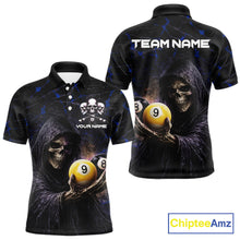 Load image into Gallery viewer, Blue Grunge Grim Reaper Hold 8 Ball &amp; 9 Ball Pool Men Billiard Shirt Custom Billiard Team Attire NYN2703