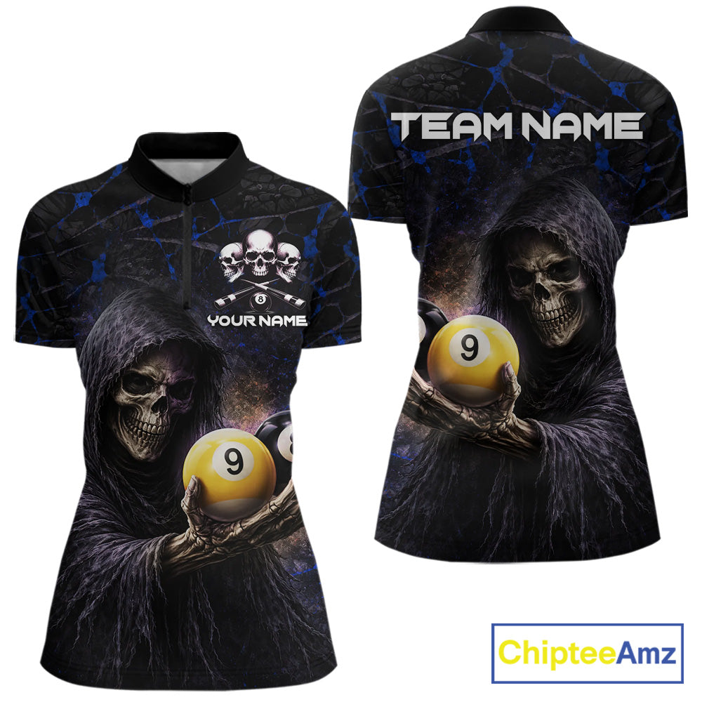 Blue Grunge Grim Reaper Hold 8 Ball & 9 Ball Pool Women Billiard Shirt Custom Billiard Team Attire NYN2703