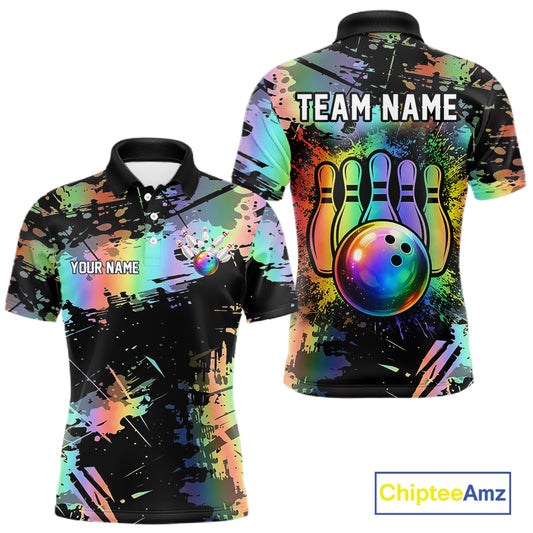 Custom Rainbow Holographic Splatter Bowling Shirts For Men, Colorful Bowling Pin And Ball Jersey NYN3072