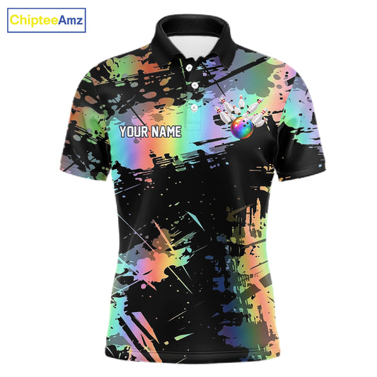 Custom Rainbow Holographic Splatter Bowling Shirts For Men, Colorful Bowling Pin And Ball Jersey NYN3072