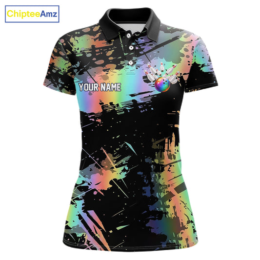 Custom Rainbow Holographic Splatter Bowling Shirts For Women, Colorful Bowling Pin And Ball Jersey NYN3072
