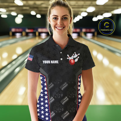 Personalized American Flag Eagle Bowling Shirts For Women Patriotic Bowling Pins And Ball Team Jersey NYN3074