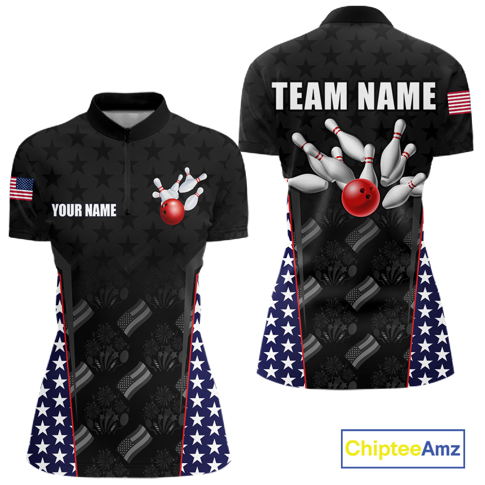 Personalized American Flag Eagle Bowling Shirts For Women Patriotic Bowling Pins And Ball Team Jersey NYN3074
