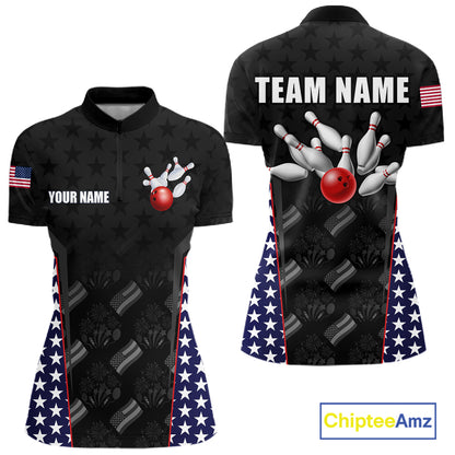 Personalized American Flag Eagle Bowling Shirts For Women Patriotic Bowling Pins And Ball Team Jersey NYN3074