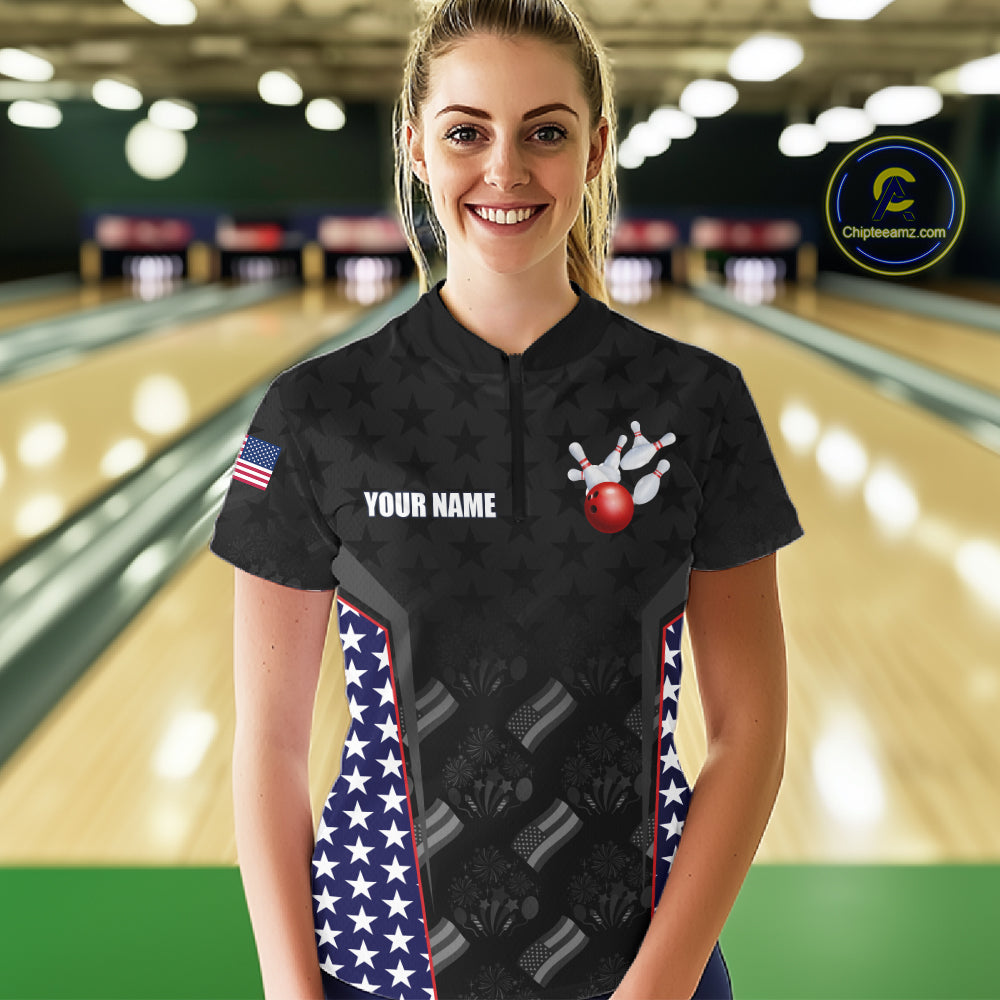 Personalized American Flag Eagle Bowling Shirts For Women Patriotic Bowling Pins And Ball Team Jersey NYN3074