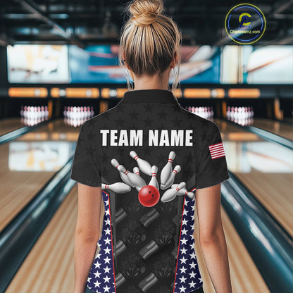 Personalized American Flag Eagle Bowling Shirts For Women Patriotic Bowling Pins And Ball Team Jersey NYN3074