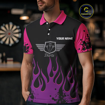 Purple Flaming & Wings Dart Arrow Men's Pink Darts Shirt - Custom Name For Players NYN0565
