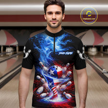 Load image into Gallery viewer, Personalized Fire Flame Texas Flag Tornado Bowling Team Shirts For Men Patriotic Bowling Gifts NYN2722
