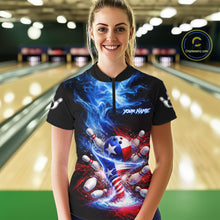 Load image into Gallery viewer, Personalized Fire Flame Texas Flag Tornado Bowling Team Shirts For Women Patriotic Bowling Gifts NYN2722