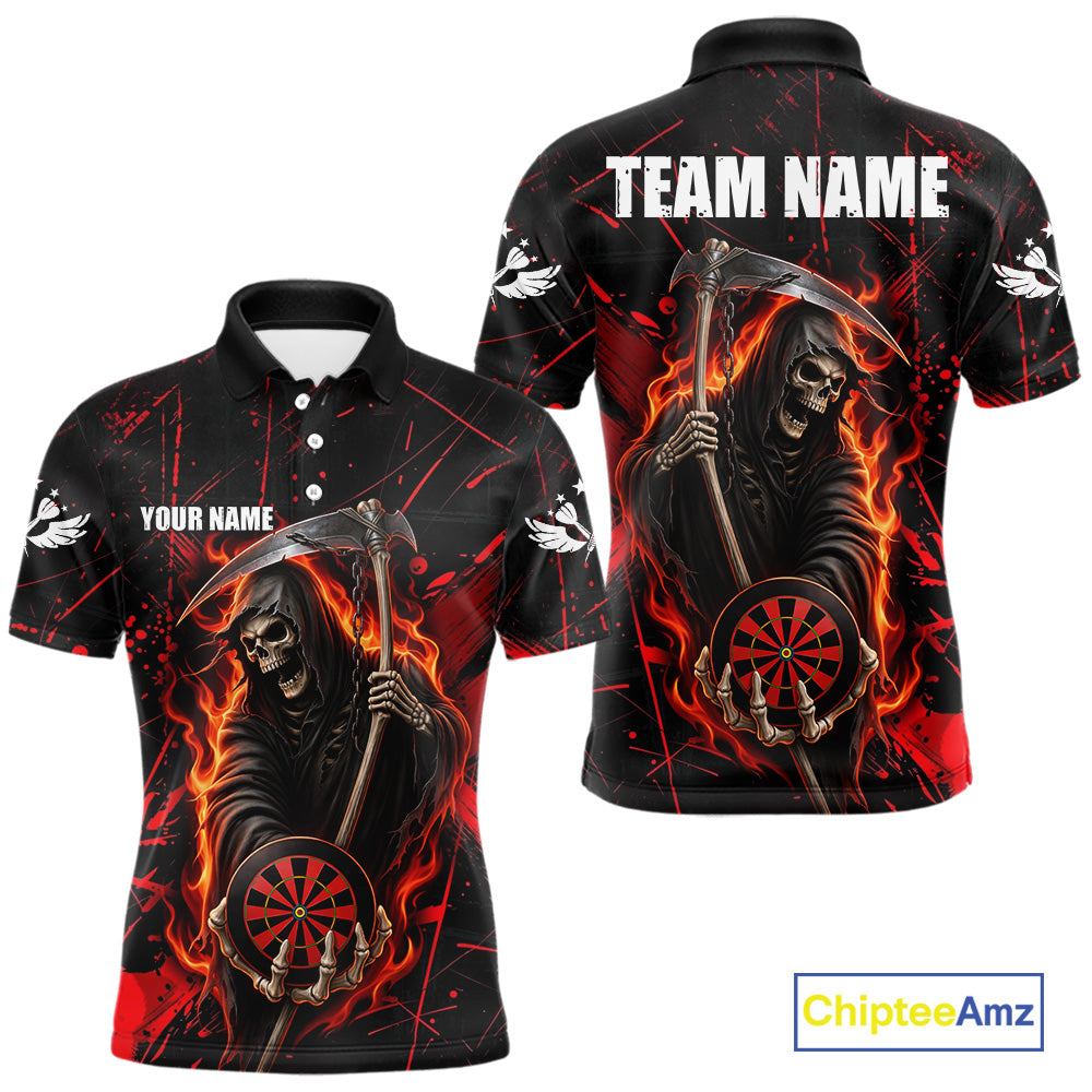 Fire Flame Red Grim Reaper Darts Polo & 1/4-Zip Shirt Custom Red Grunge Dart Jersey For Men NYN3083