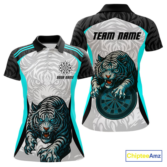 Women’s Darts Team Shirt Turquoise Tiger And Dartboard With Name Option NYN0307