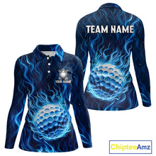 Load image into Gallery viewer, Womens Golf Polo Shirt Personalized Fire Flame Golf Ball Clothing Golf Tops For Golfers | Blue NYN3259