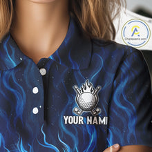 Load image into Gallery viewer, Womens Golf Polo Shirt Personalized Fire Flame Golf Ball Clothing Golf Tops For Golfers | Blue NYN3259