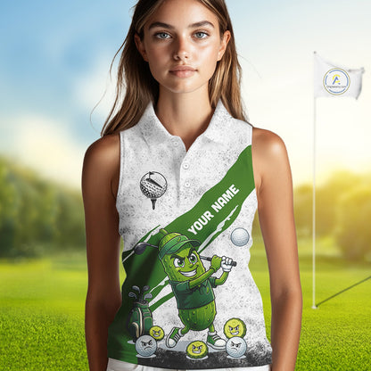 Funny Pickle Womens Golf Sleeveless Polo Shirt Custom Green And White Grunge Clothing Golf Tops NYN3261
