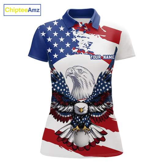 US Flag Eagle Women's Golf Polo Shirt mockup with patriotic eagle artwork, personalized golf polo, custom golf team apparel, moisture-wicking performance golf shirt, USA golf clothing, golf tournament uniform.