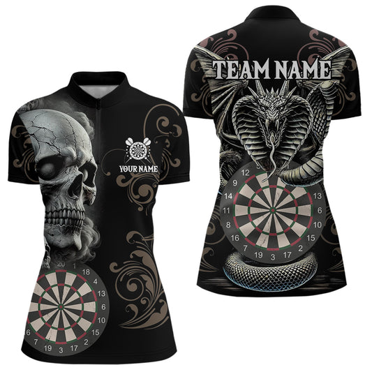 Personalized Grey Skull Dragon Polo & Quarter-Zip Dart Shirts For Women, Custom Dart Jerseys NYN0012