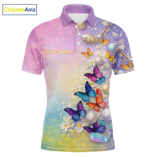 Colorful Butterfly Mens Golf Polo Shirt Custom Name Floral Watercolor Golf Shirts NYN2905