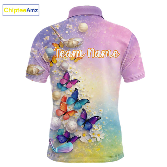 Colorful Butterfly Mens Golf Polo Shirt Custom Name Floral Watercolor Golf Shirts NYN2905