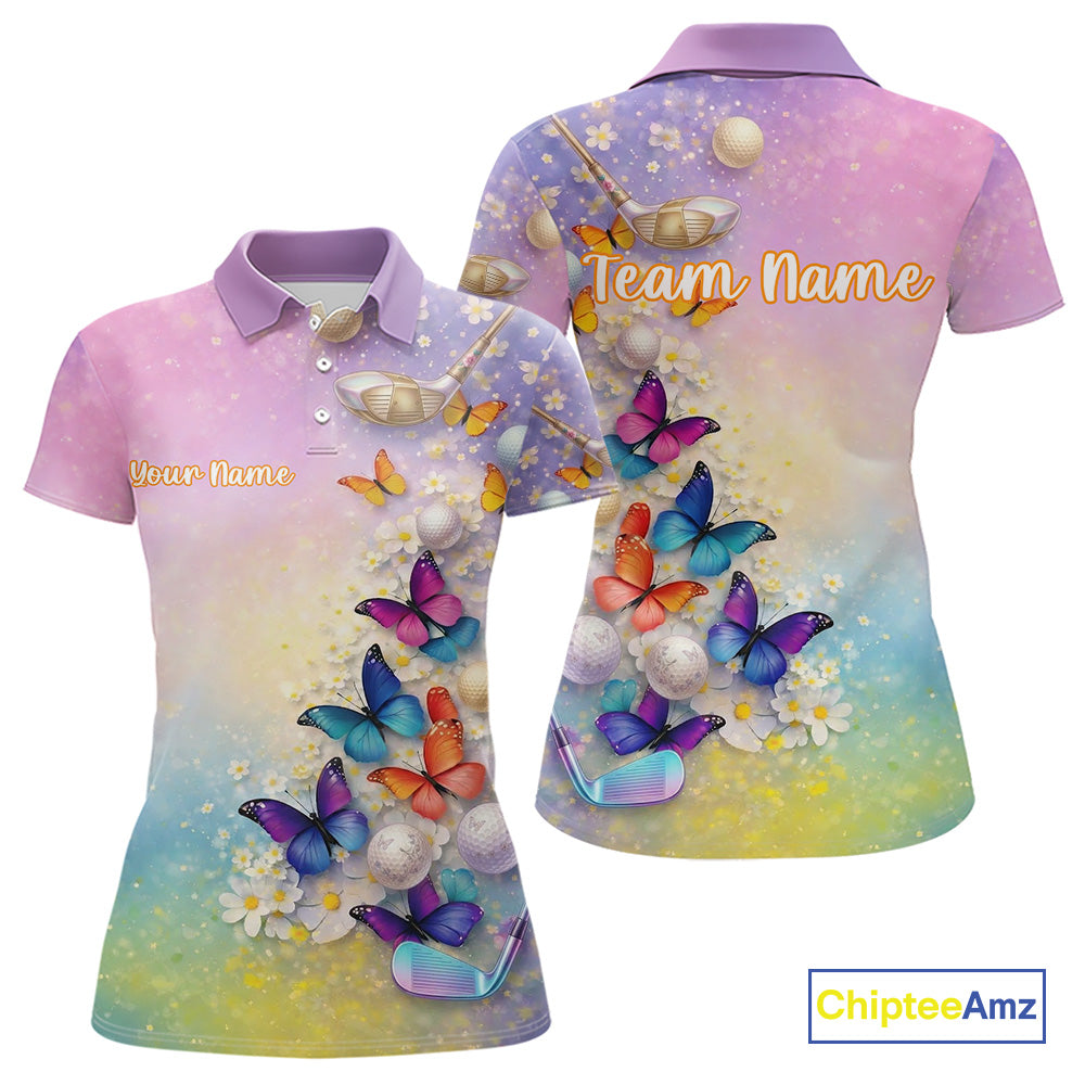 Colorful Butterfly Womens Golf Polo Shirt Custom Name Floral Watercolor Golf Shirts NYN2905