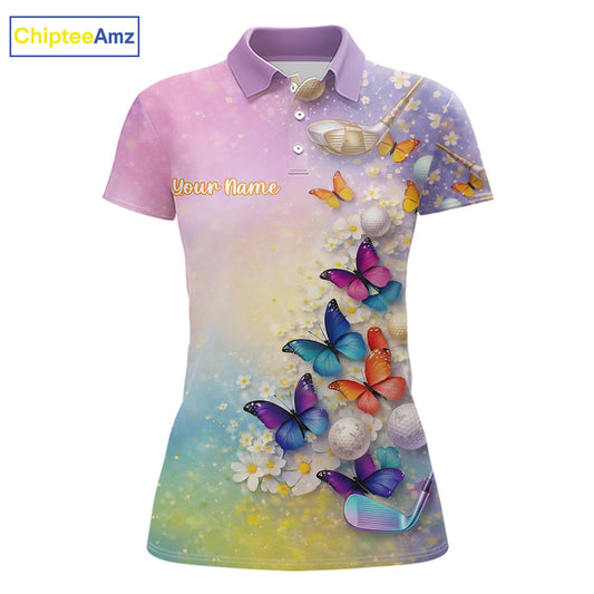 Colorful Butterfly Womens Golf Polo Shirt Custom Name Floral Watercolor Golf Shirts NYN2905