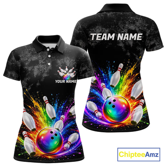 Rainbow Splatter Bowling Ball & Pins Shirt For Women Custom Colorful Paint Bowling Team Outfits NYN3283