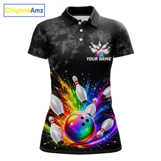 Rainbow Splatter Bowling Ball & Pins Shirt For Women Custom Colorful Paint Bowling Team Outfits NYN3283