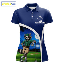 Load image into Gallery viewer, Navy blue polo shirt with raccoon graphic and customizable text on a white background
